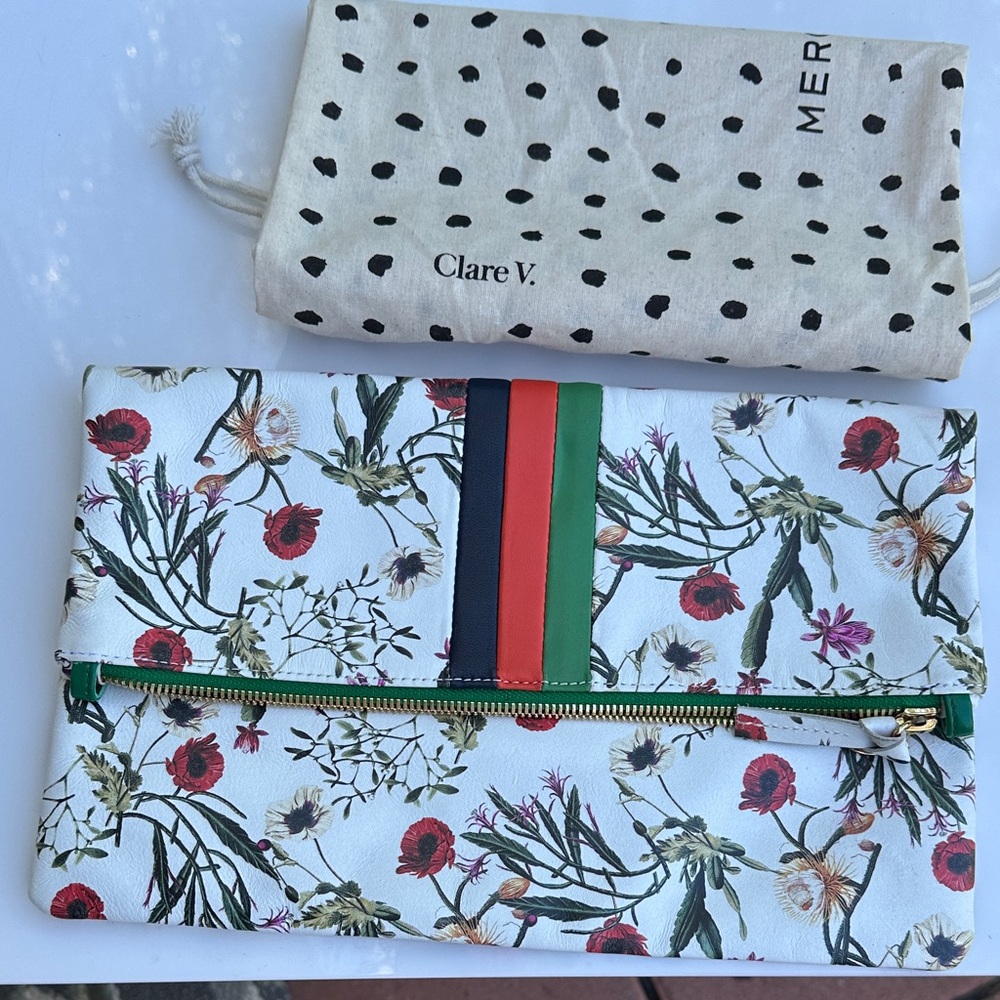 Clare V. White Floral Fold-Over Clutch with Red, Green & Black Stripes